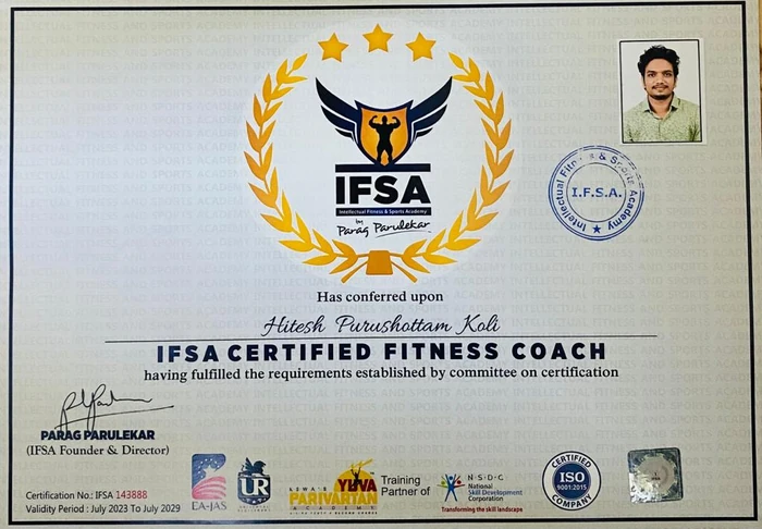 IFSA Certified Fitness Coach certificate awarded to Hitesh Purushottam Koli