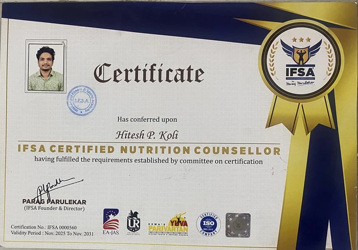 IFSA Certified Nutrition Counsellor certificate awarded to Hitesh P. Koli